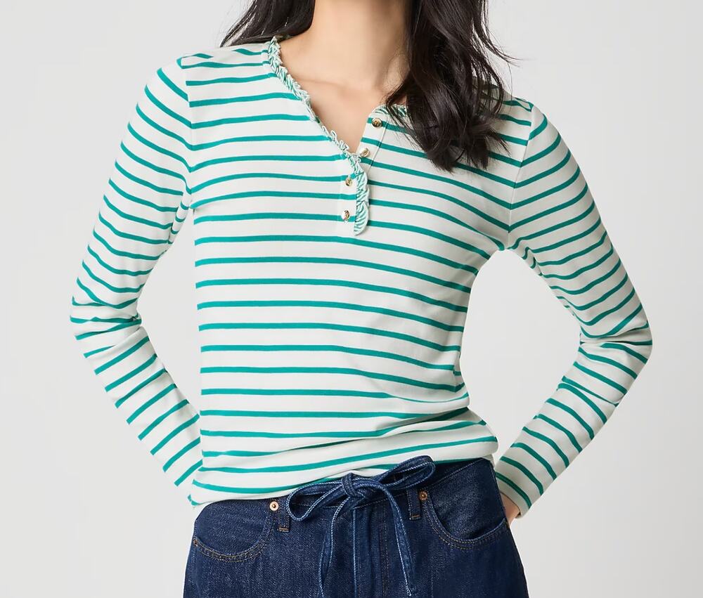 J. Crew Long Sleeve Striped Ruffleneck Henley Shirt Top Green White Small